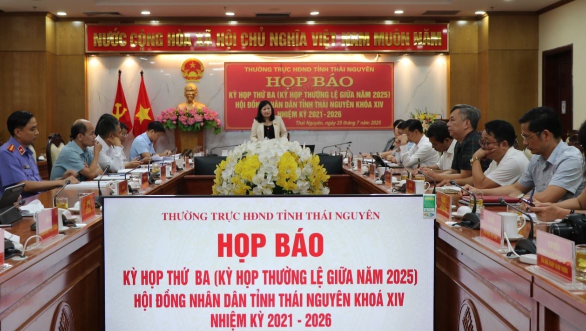 Bà Mai Thị Thúy Nga, Phó Chủ tịch HĐND tỉnh Thái Nguyên thông tin tại buổi họp báo. Ảnh: Quang Linh.