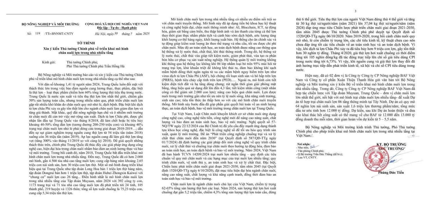 Tờ trình số 119/TTr-BNNMT-CNTY của Bộ Nông nghiệp và Môi trường gửi Thủ tướng Chính phủ. Ảnh: Hoài Thơ.