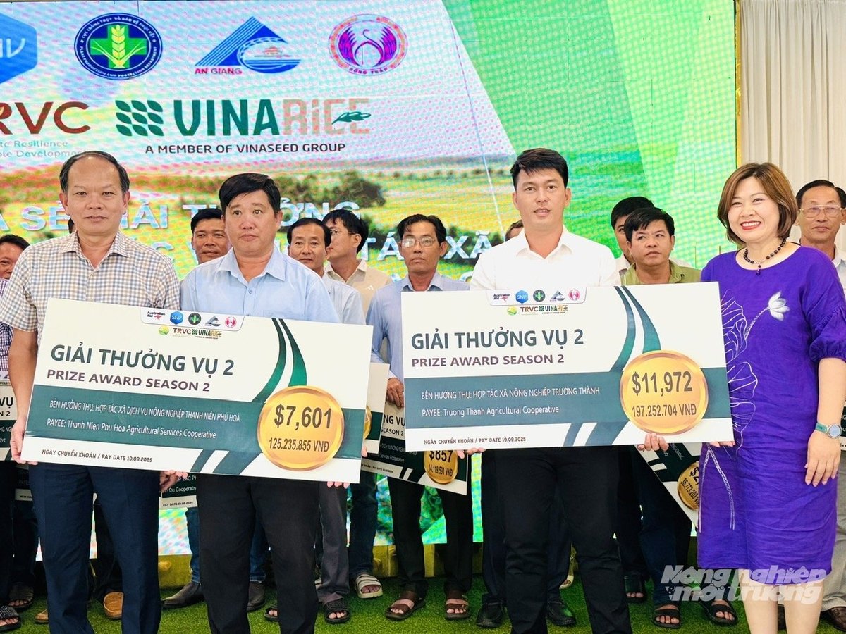 Lãnh đạo Sở Nông nghiệp và Môi trường An Giang và đại diện dự án TRVC trao giải thưởng cho nông dân trồng lúa tại ĐBSCL tham gia dự án. Ảnh: Lê Hoàng Vũ.