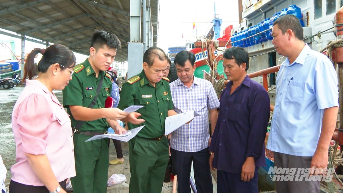 Lực lượng Biên phòng phối hợp kiểm tra giấy tờ, hồ sơ tàu cá tại Cảng cá Trần Đề, tỉnh Sóc Trăng. Ảnh: Văn Vũ.