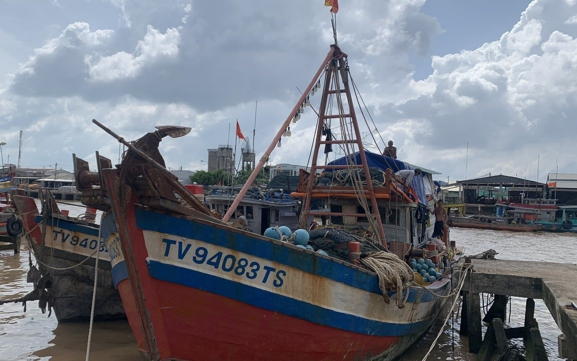 Một tàu cá bị mất kết nối đang neo bờ, chờ sửa thiết bị giám sát trước khi ra khơi. Ảnh: Hồ Thảo.