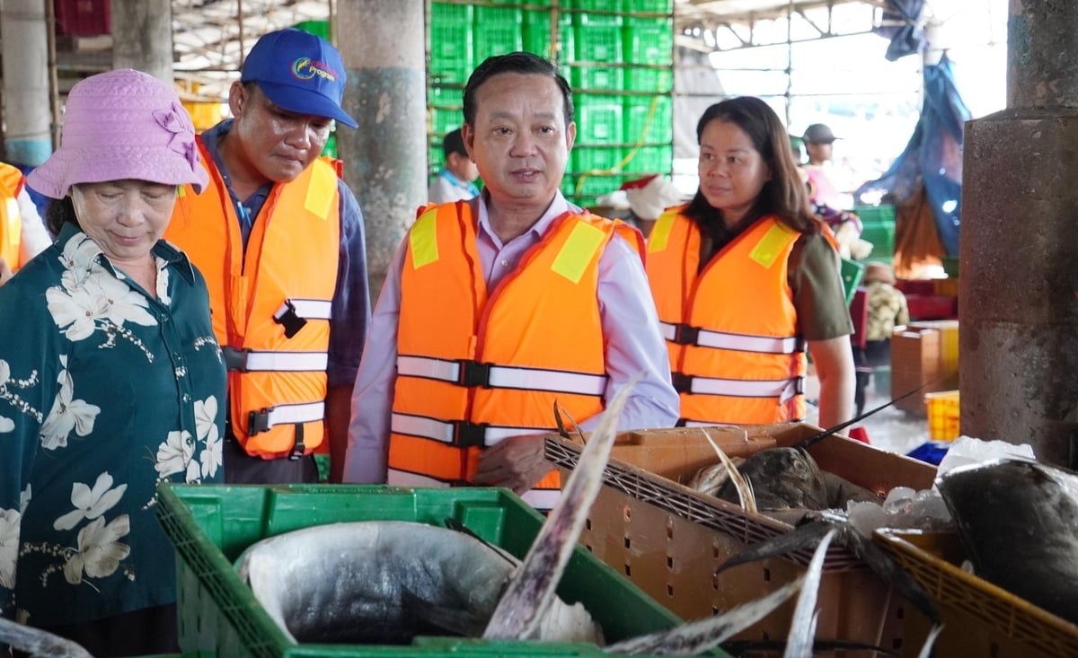 Ông Bùi Minh Thạnh, Phó Chủ tịch UBND TP.HCM (giữa) thường xuyên kiểm tra thực địa tại các cảng cá nhằm nắm bắt tâm tư của các ngư dân, tiểu thương trong công tác phòng chống khai thác IUU. Ảnh: Lê Bình.