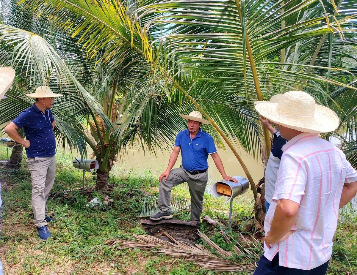 Chủ trang trại giới thiệu mô hình nuôi ong dú cho những người tham quan. Ảnh: Kim Sơ. Chủ trang trại giới thiệu mô hình nuôi ong dú cho những người tham quan. Ảnh: Kim Sơ.
