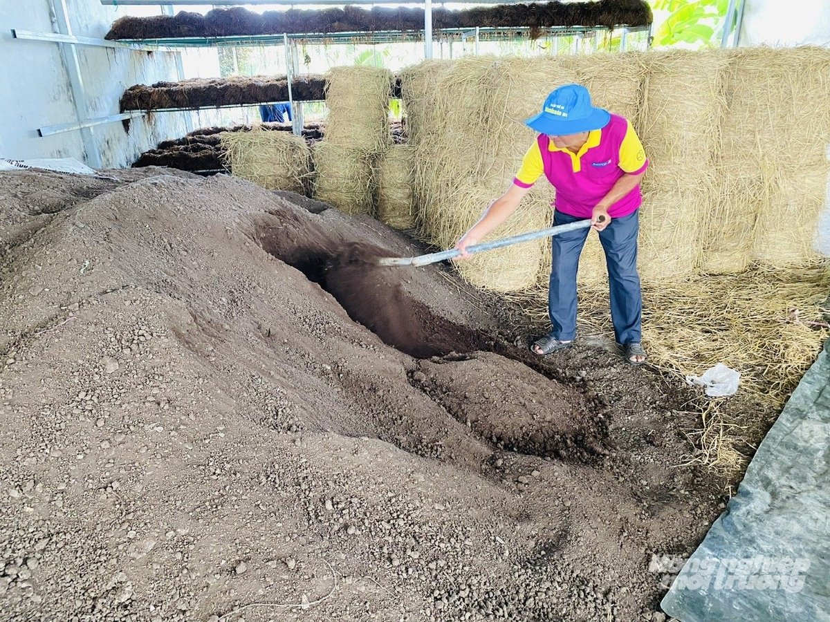 Công nhân phối trộn phân hữu cơ từ rơm mục phục vụ sản xuất nông nghiệp tuần hoàn tại ĐBSCL. Ảnh: Lê Hoàng Vũ.