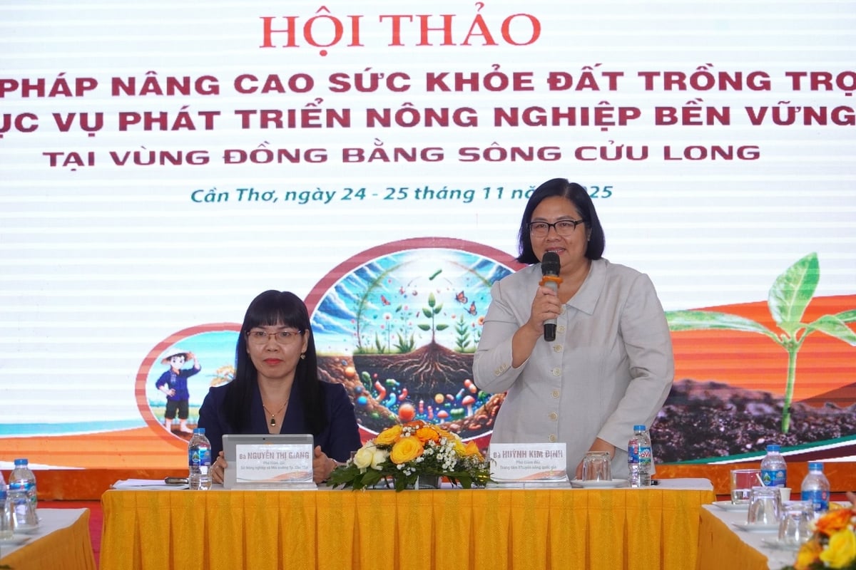 Bà Huỳnh Kim Định - Phó Giám đốc Trung tâm Khuyến nông Quốc (đứng) gia định hướng nội dung trao đổi tại hội thảo. Ảnh: Kim Anh.