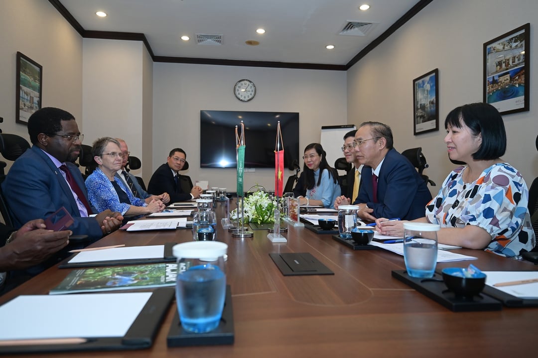 Thứ trưởng Phùng Đức Tiến tiếp song phương đoàn lãnh đạo cấp cao của ILRI toàn cầu nhân dịp kỷ niệm 50 năm thành lập tại Việt Nam, tháng 10/2024. Ảnh: Tùng Đinh.