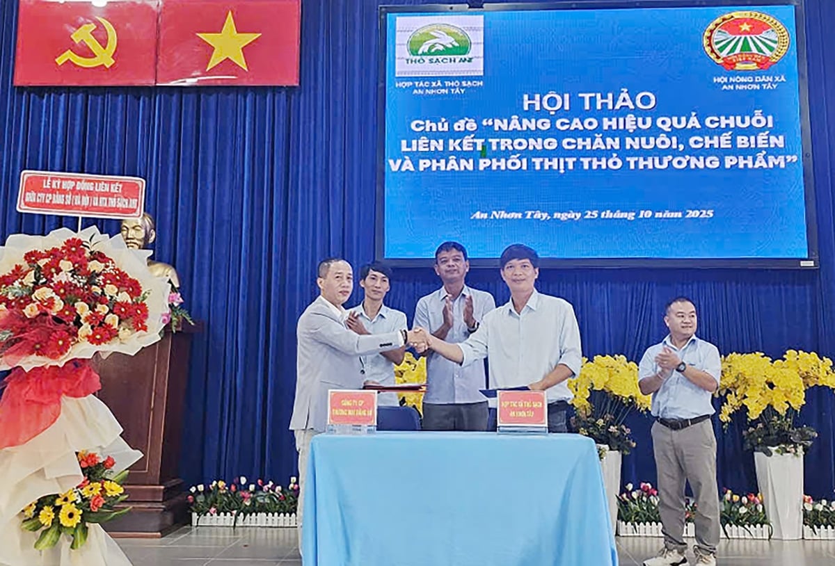 Dưới sự chứng kiến của Hội Nông dân xã An Nhơn Tây, HTX Thỏ sạch An Nhơn Tây ký kết hợp tác với Công ty CP Bằng Sở (Hà Nội) trong dự án 'Thỏ Quán - từ trang trại đến bàn ăn'. Ảnh: M.H.