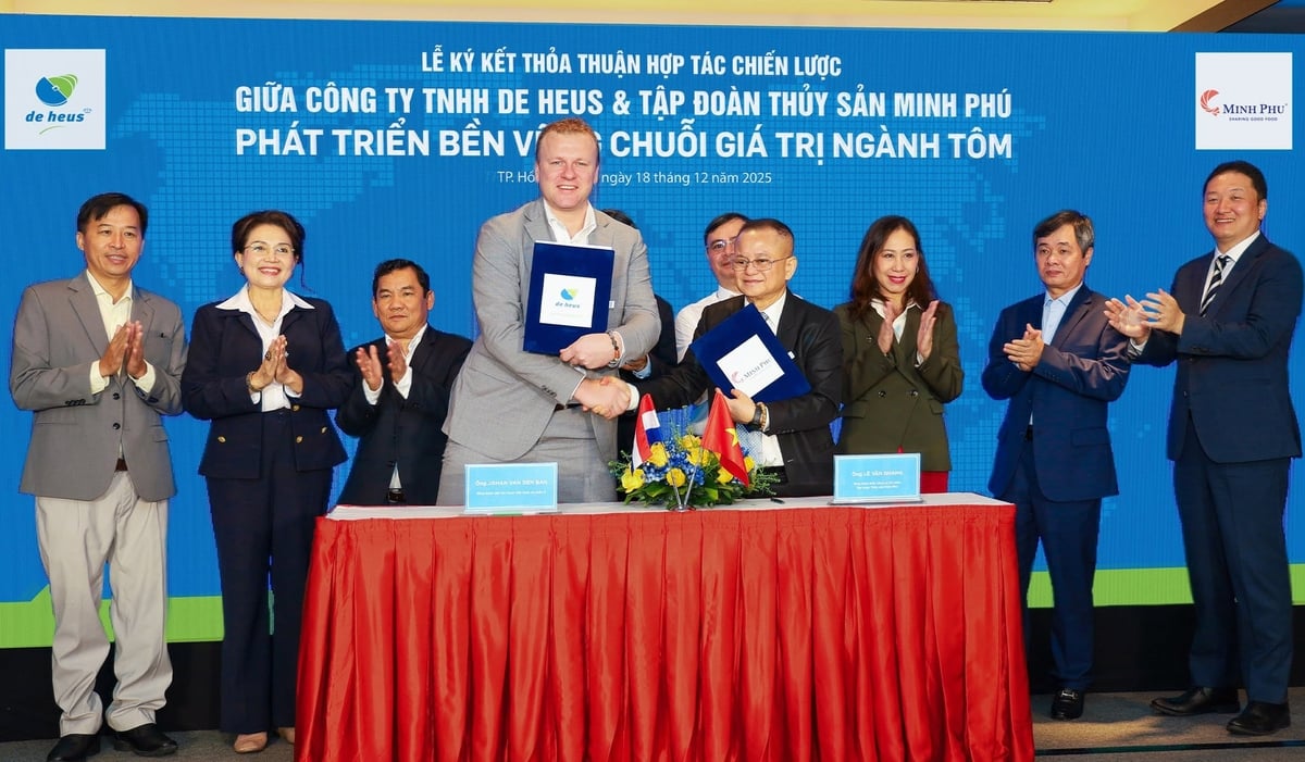 De Heus và Minh Phú chính thức ký kết Thỏa thuận Hợp tác Chiến lược nhằm thúc đẩy phát triển bền vững chuỗi giá trị ngành tôm Việt Nam. Ảnh: ST.
