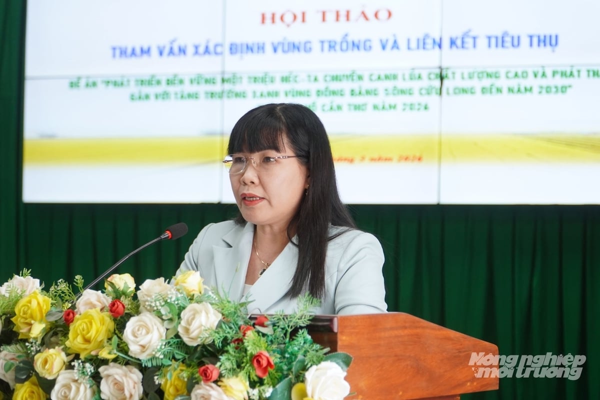 Bà Nguyễn Thị Giang - Phó Giám đốc Sở Nông nghiệp và Môi trường TP Cần Thơ đánh giá tầm quan trọng của khâu liên kết tiêu thụ lúa gạo trong Đề án 1 triệu ha. Ảnh: Kim Anh.