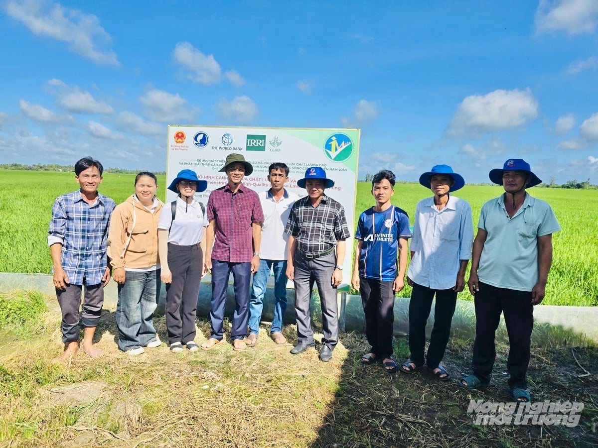 Ông Ngô Nguyên Phong (thứ tư từ trái sang), Bí thư Đảng ủy xã Vĩnh Thanh cùng nông dâm tại cánh đồng thí điểm mô hình sản xuất lúa chất lượng cao, giảm phát thải. Ảnh: Trọng Linh.