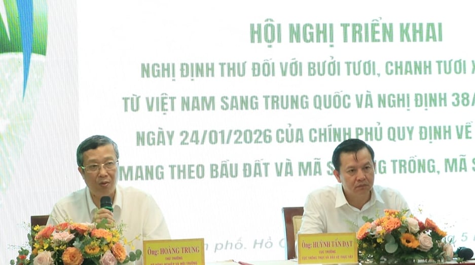 Thứ trưởng Hoàng Trung và Cục trưởng Cục Trồng trọt và Bảo vệ thực vật Huỳnh Tấn Đạt điều hành phần thảo luận hội nghị. Ảnh: Thanh Sơn.