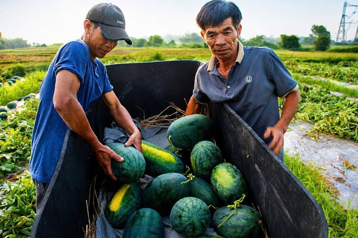Dưa hấu năm nay đạt năng suất khá nhờ thời tiết thuận lợi, ít sâu bệnh. Ảnh: Lan Anh. Dưa hấu năm nay đạt năng suất khá nhờ thời tiết thuận lợi, ít sâu bệnh. Ảnh: Lan Anh.