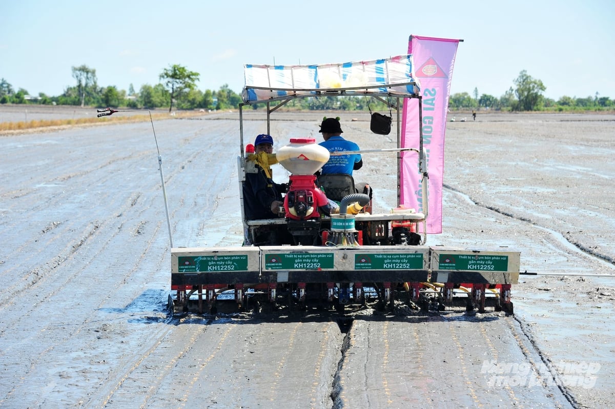Máy sạ cụm kết hợp bón vùi phân giúp đưa hạt giống và phân bón vào đúng vị trí, giảm lượng giống gieo sạ và tiết kiệm từ 20 - 30% lượng phân bón so với phương thức canh tác truyền thống. Ảnh: Lê Hoàng Vũ.
