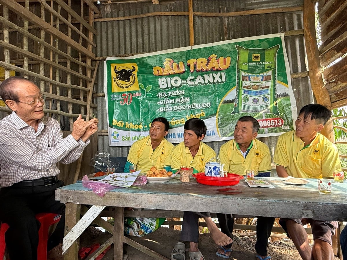 Chuyên gia chương trình 'Hành trình xanh - Đất khỏe - Cây trồng khỏe' trao đổi tại hội thảo nhỏ đầu bờ chia sẻ kinh nghiệm xử lý ngộ độc hữu cơ, hạ phèn bằng sản phẩm Đầu Trâu Bio-Canxi của Công ty cổ phần Phân bón Bình Điền. Ảnh: Ngọc Vân.