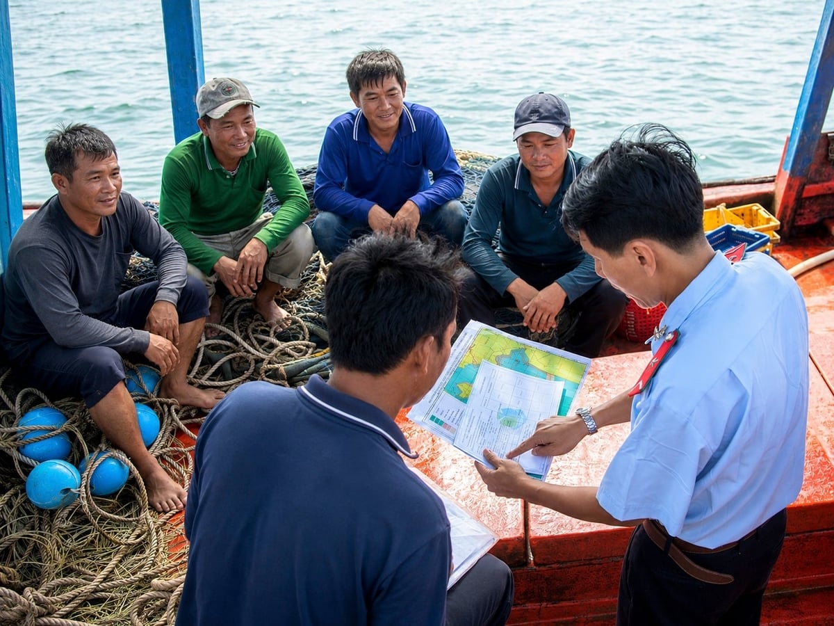Cùng với tăng cường tuần tra, kiểm soát, lực lượng chức năng tỉnh An Giang phối hợp tuyên truyền ngay trên biển cho ngư dân về chống khai thác IUU. Ảnh: Trung Chánh.