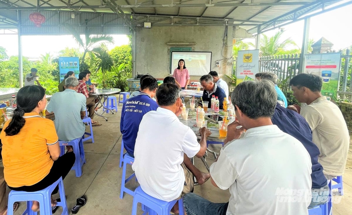 Hơn 30 nông dân xã Bình Sơn tham gia lớp tập huấn về quy trình canh tác lúa chất lượng cao, phát thải thấp do Trung tâm Khuyến nông An Giang phối hợp với các doanh nghiệp tổ chức. Ảnh: Lê Hoàng Vũ.