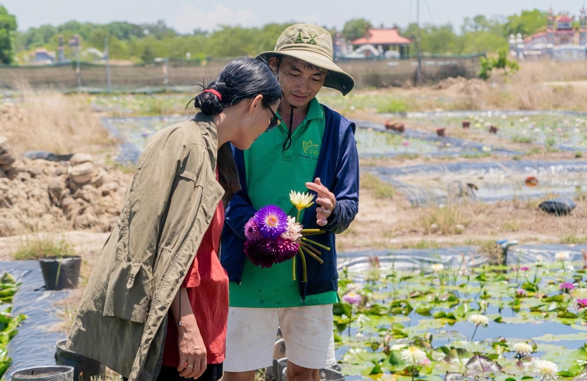 Anh Khanh là nông dân tiêu biểu của xứ Huế, sẵn sàng chia sẻ mô hình trồng hoa súng. Ảnh: Văn Dinh.
