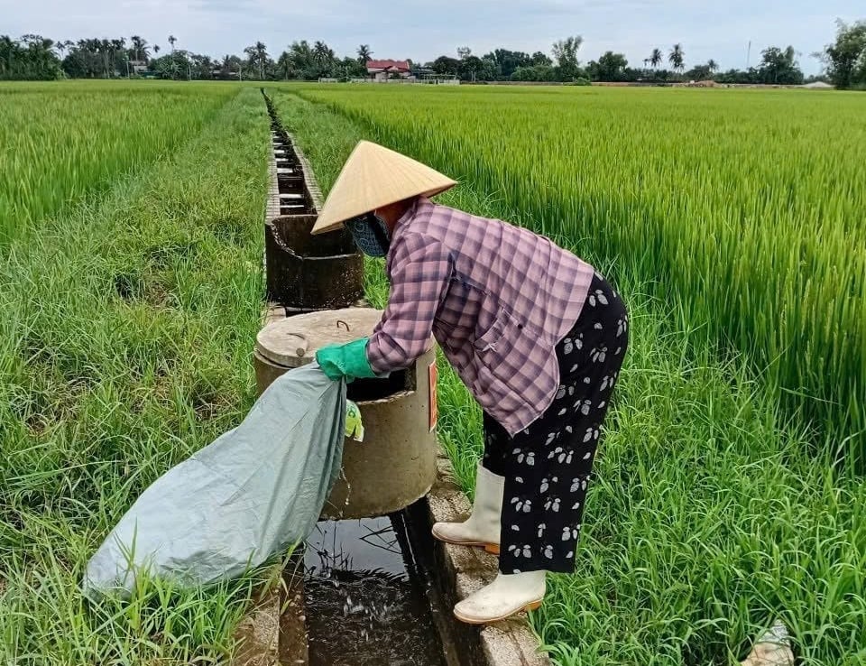 Người dân xã Trung Chính thu gom vỏ thuốc bảo vệ thực vật. Ảnh: QT. Người dân xã Trung Chính thu gom vỏ thuốc bảo vệ thực vật. Ảnh: QT.