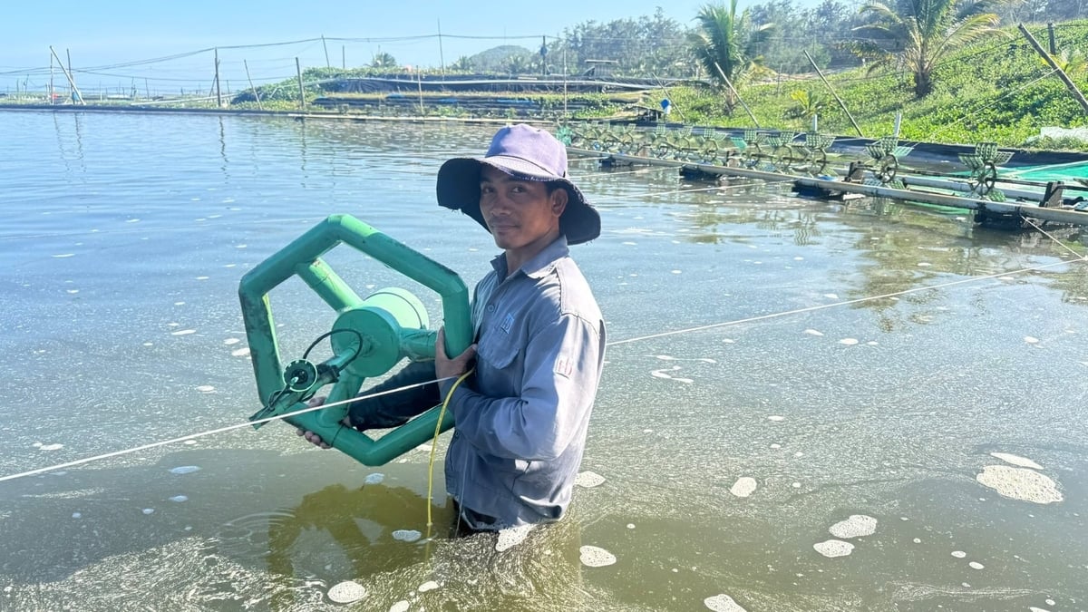 Thiết bị đo các chỉ số môi trường được đặt trong ao nuôi. Ảnh: L.K. Thiết bị đo các chỉ số môi trường được đặt trong ao nuôi. Ảnh: L.K.