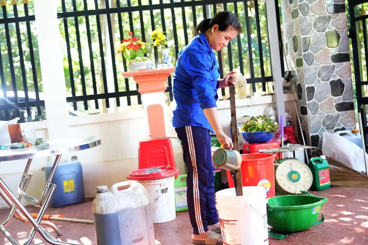 Chị Trần Thị Hoan ở xã Lộc Tấn, hàng xóm ông Nguyễn Văn Tiến khoe mẻ chế phẩm IMO mới ủ thành công. Ảnh: Hồng Thủy.