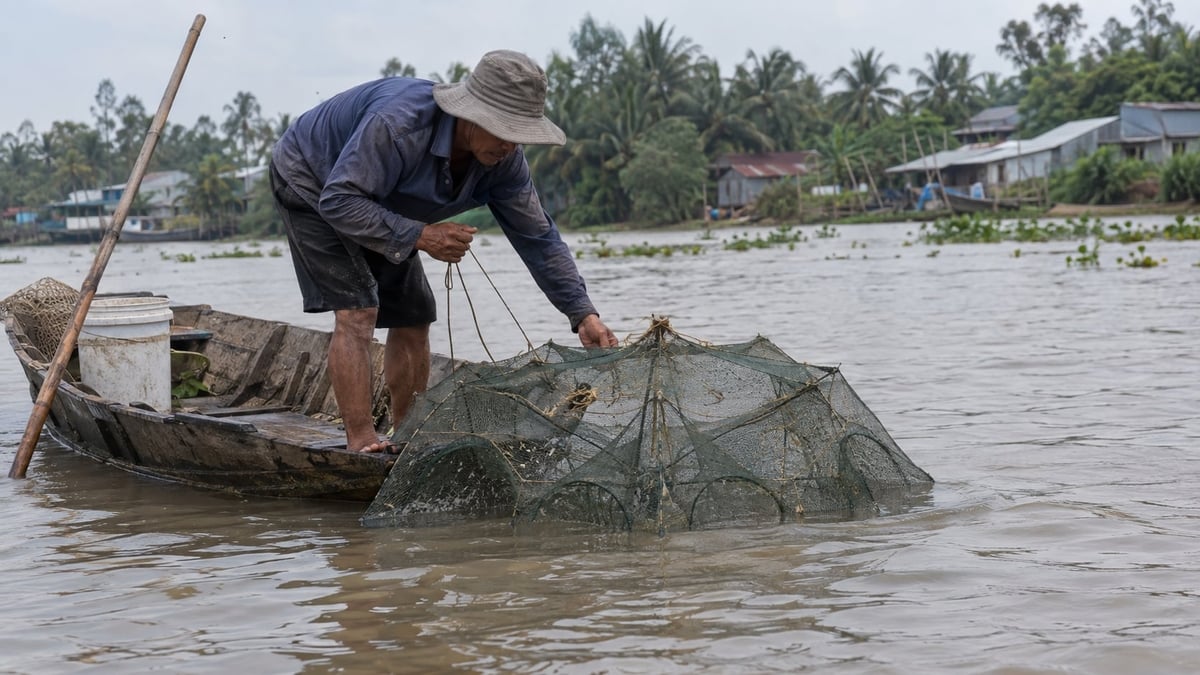 Lưới bát quái thuộc nhóm ngư cụ bị cấm sử dụng để khai thác thủy sản tại Vĩnh Long. Ảnh: Hồ Thảo.